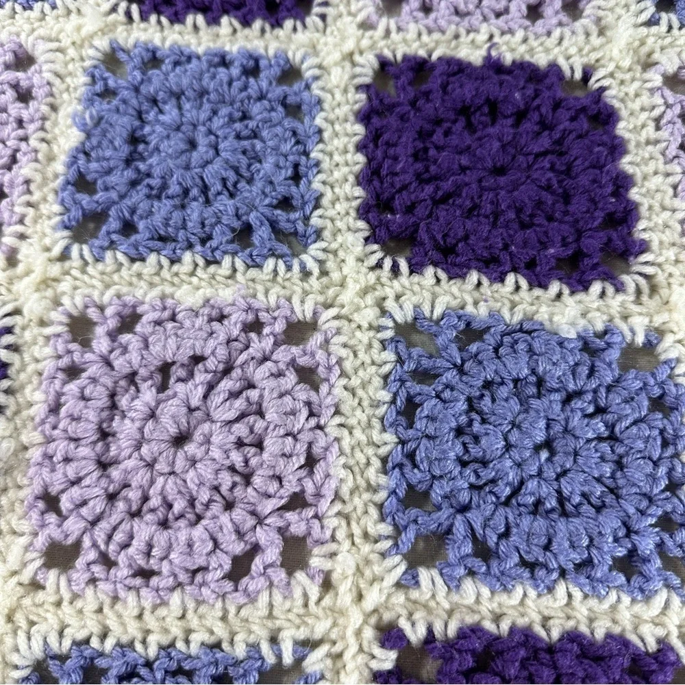 Hand knitted Granny Square Purple and Lavender Crochet Blanket Size 35”x32.5”
